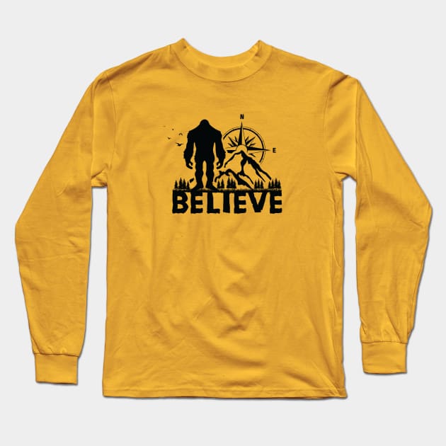 Sasquatch Believe, Yeti Bigfoot compass mountain and tree Long Sleeve T-Shirt by twotwentyfives